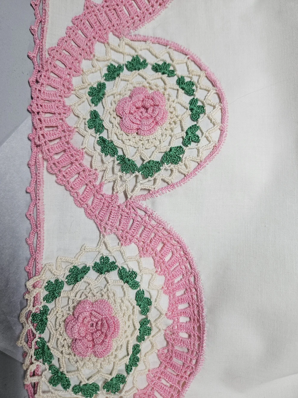 Vintage Handmade White Pillowcases with Pink Crochet Rose Trim